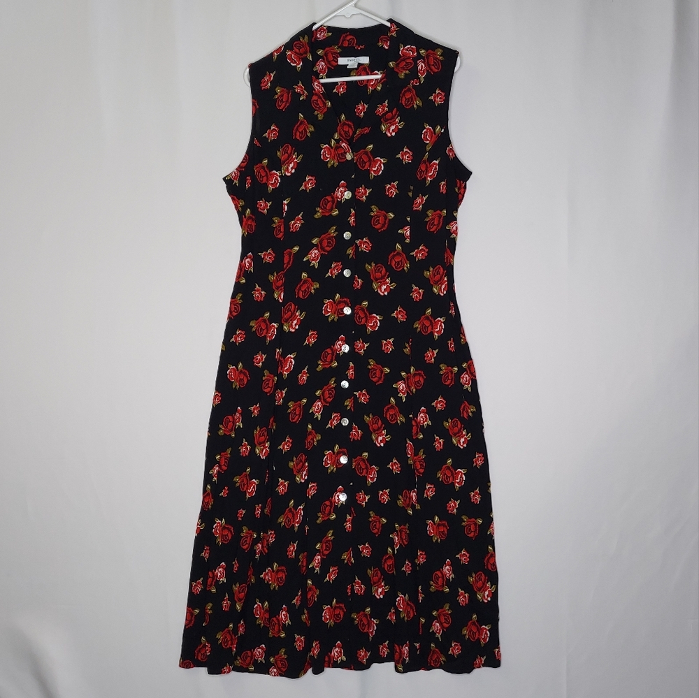 Dressbarn Button Midi Dresss Petite 14P Gauze Dark Floral Rose Whimsigoth Grunge